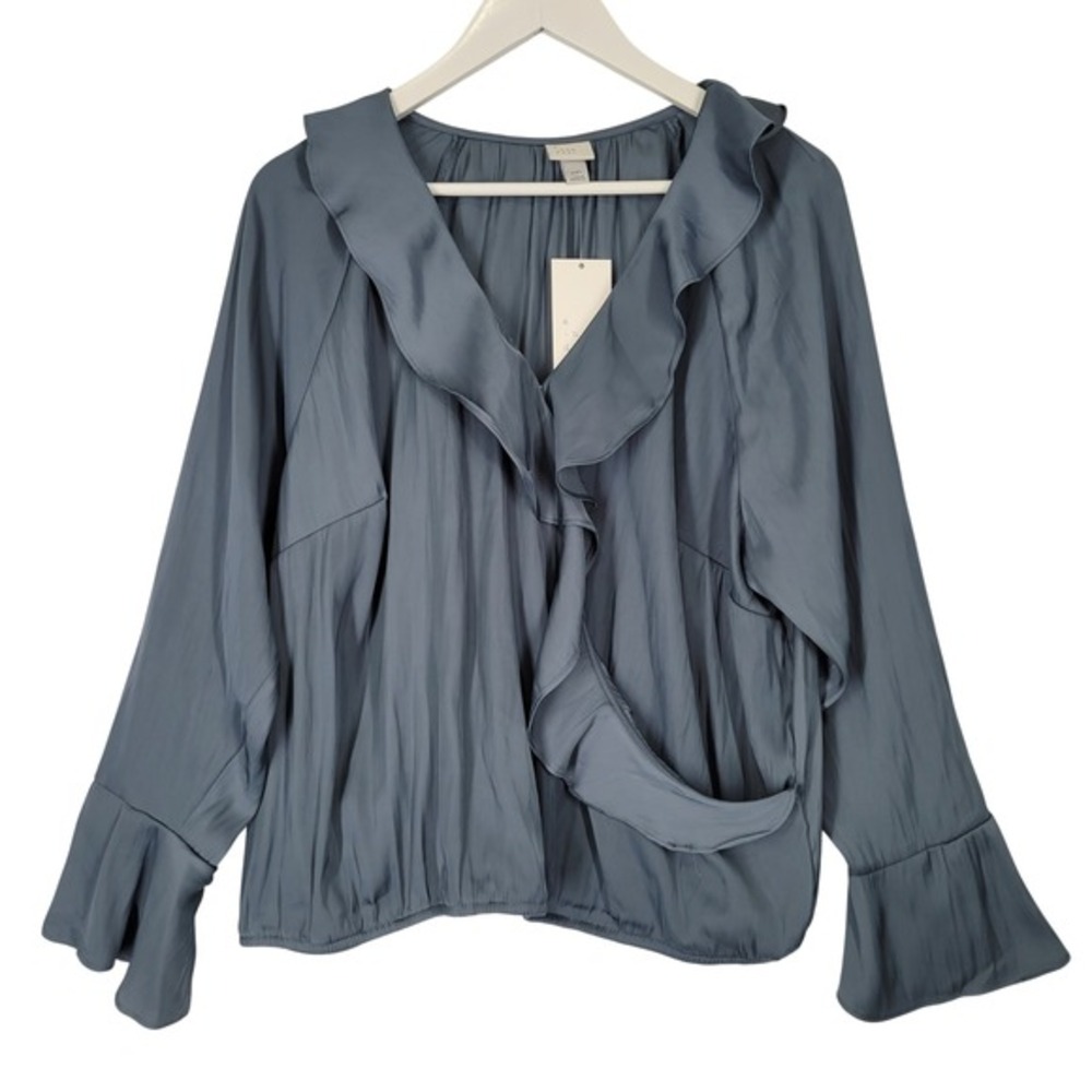 A New Day Teal‎ Blue Ruffle Satin Blouse Top XXL Faux Wrap Bell Sleeve Romantic